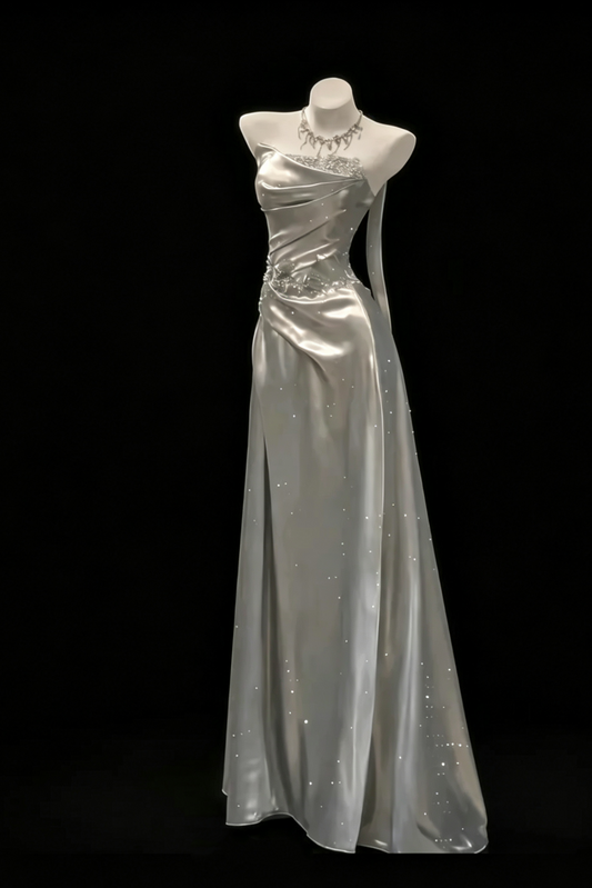 Strapless Slit Evening Dress Beaded Draped Satin Formal Gown F0190