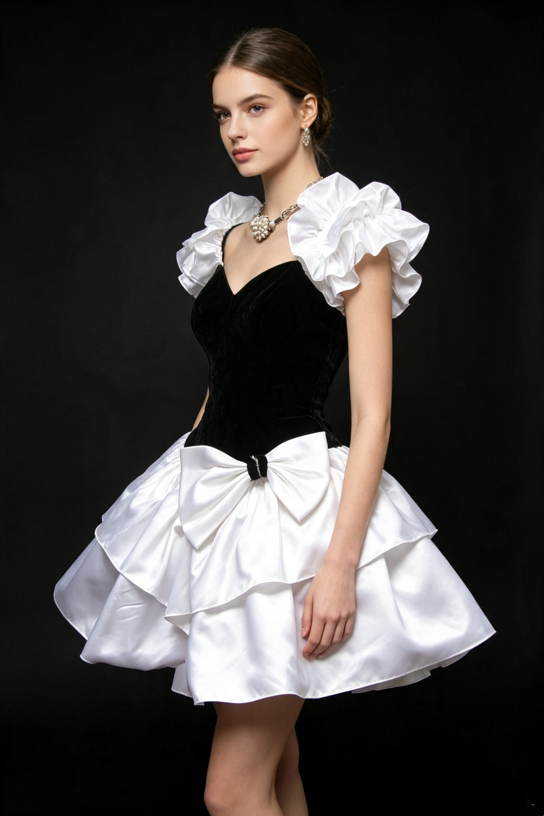 Black Velvet White Satin Homecoming Mini Dress Ruffle Puff Sleeve With Big Bow Cocktail Gown F0014