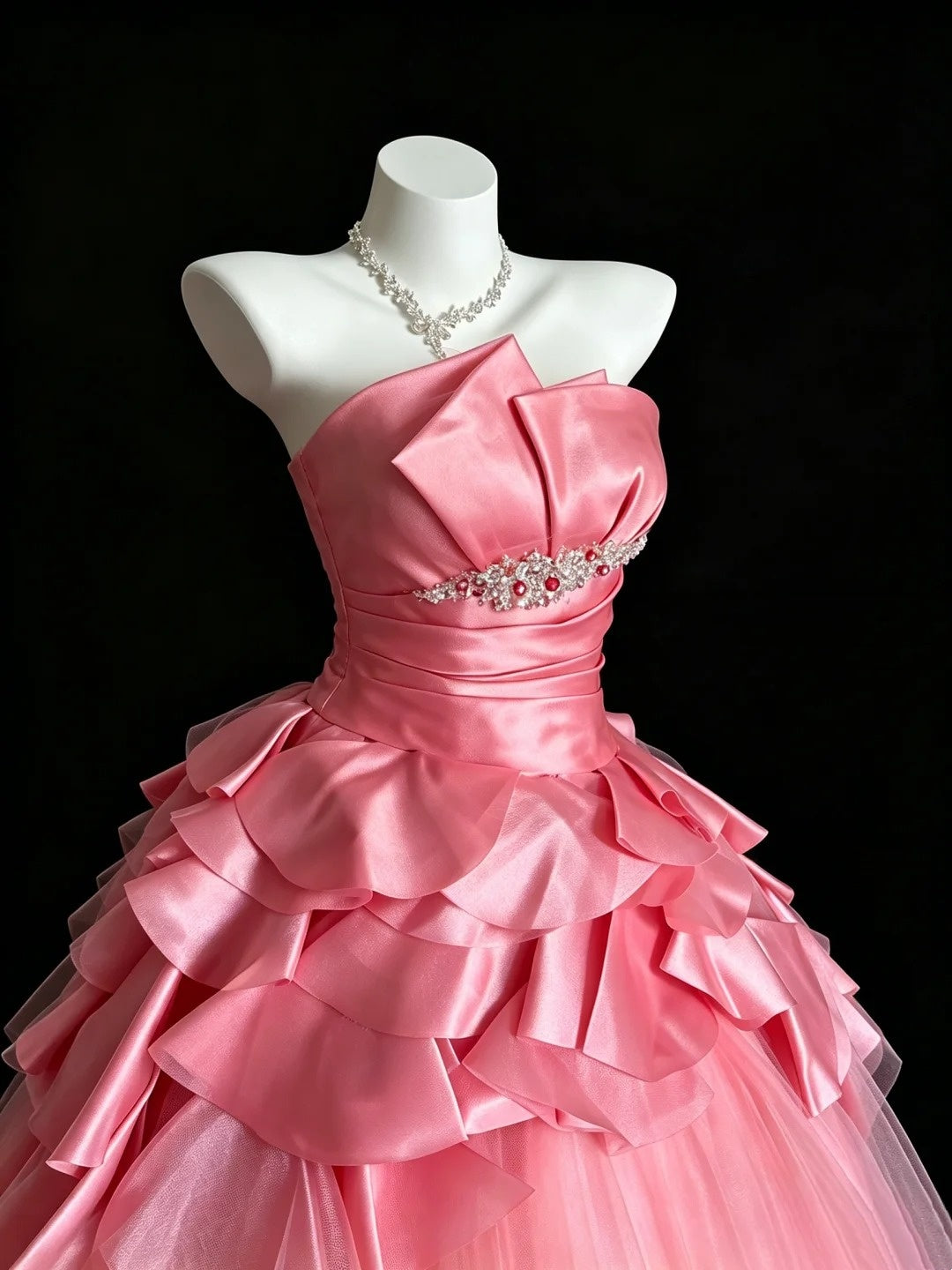 Pink Strapless Tulle Ball Gown Ruffle Fall Formal Dress F0102
