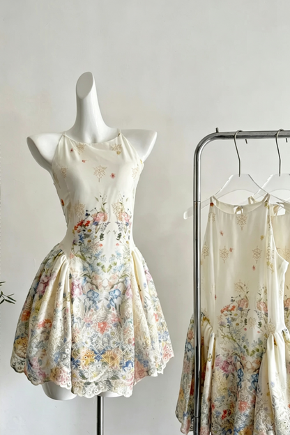 Floral Print Halter Mini Dress Lace Hem A-Line Party Gown F0213