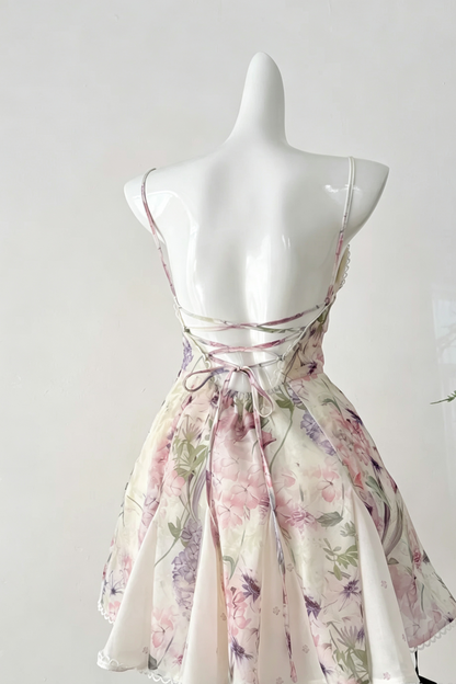 Floral Print Spaghetti Strap Mini Dress Lace Trim Back Lace-Up Cocktail Gown F0207