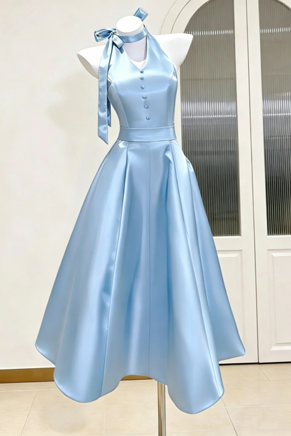 Satin Halter Midi Dress Bow Neck Detail V Neck Buttons Waist Defined A Line Skirt For Birthday Graduation Party Floral038