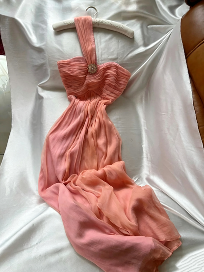 Pink Halter Neck Pleated Chiffon Evening Dress Rhinestone Brooch F0262