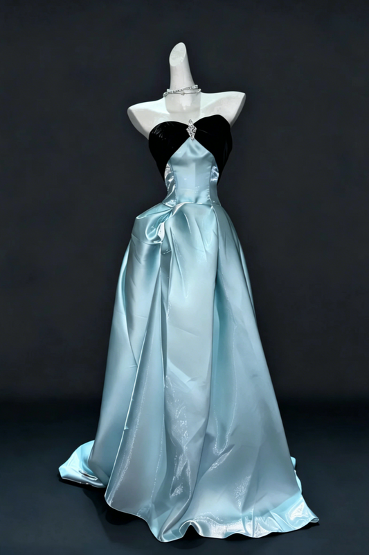 Ice Blue Satin Strapless Prom Dress Off the Shoulder Sleeves for Graduation Evening Photoshoot Floral032