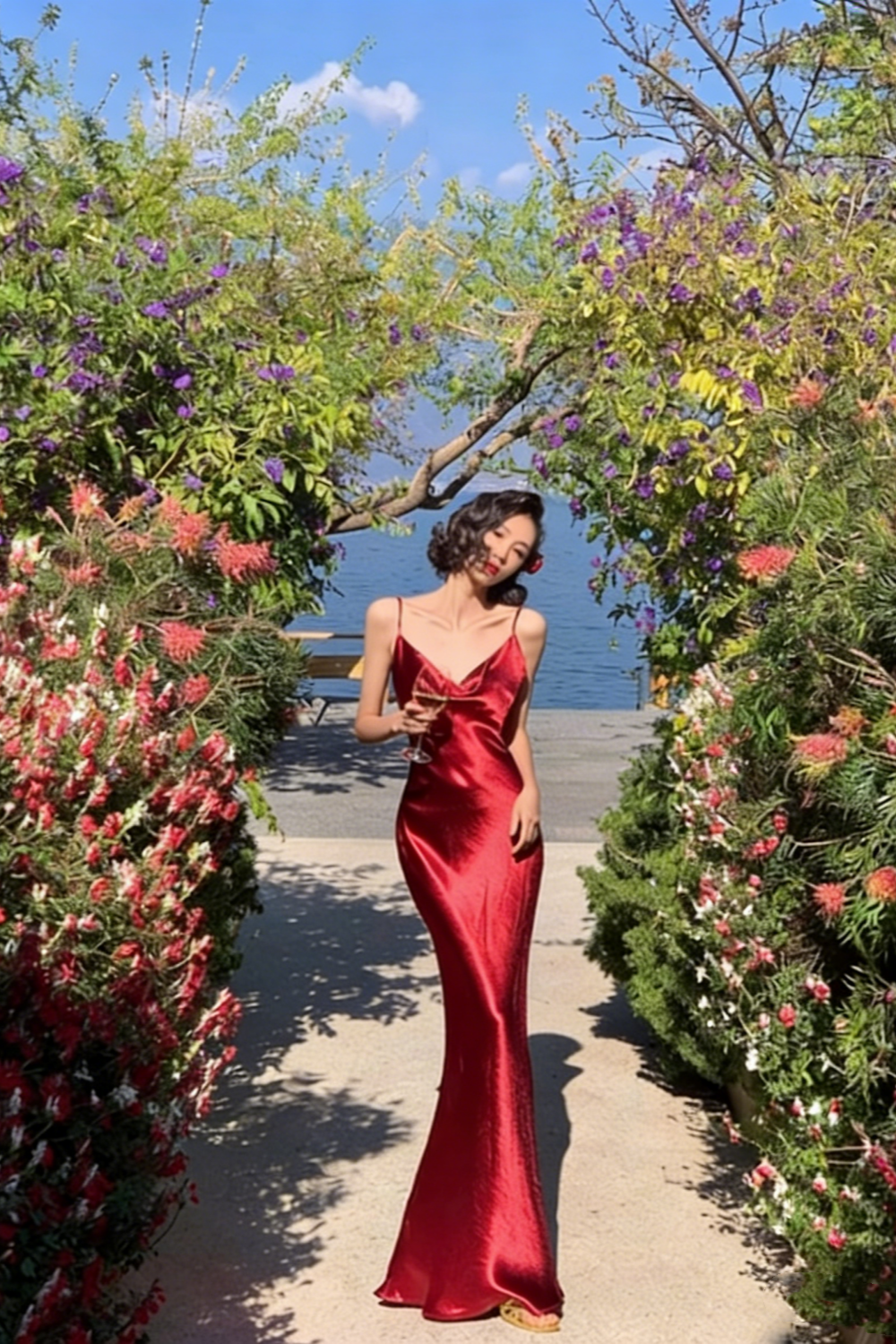 Sexy Deep Red Satin Maxi Dress – Spaghetti Strap Backless Design for Cocktail Parties & Date Nights FD06