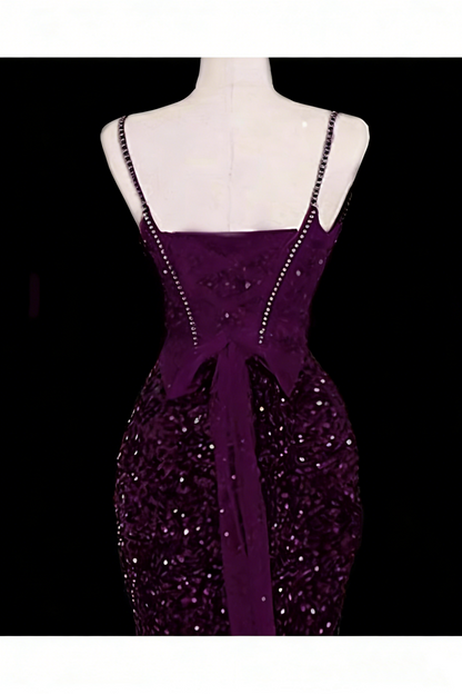 Dark Purple Sequin Spaghetti Strap Mermaid Prom Dress, Lace-up Bow Formal Evening Gown for Women Floral-06