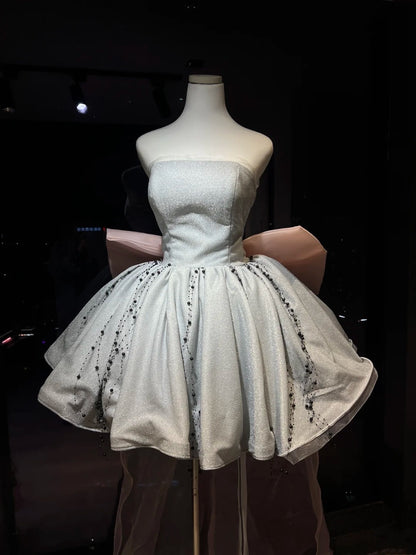 Silver Strapless Glitter Mini Dress Beaded Skirt Pink Bow Homecoming Dress F0256