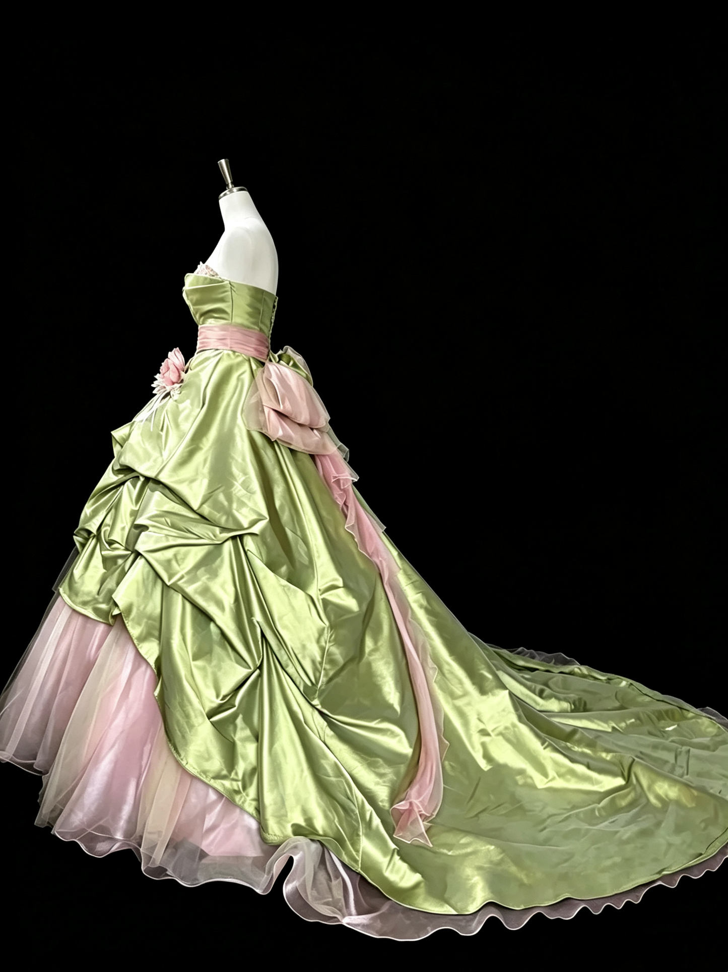 Strapless Satin Ball Gown Green Pink Floral Tulle Formal Evening Dress F0086