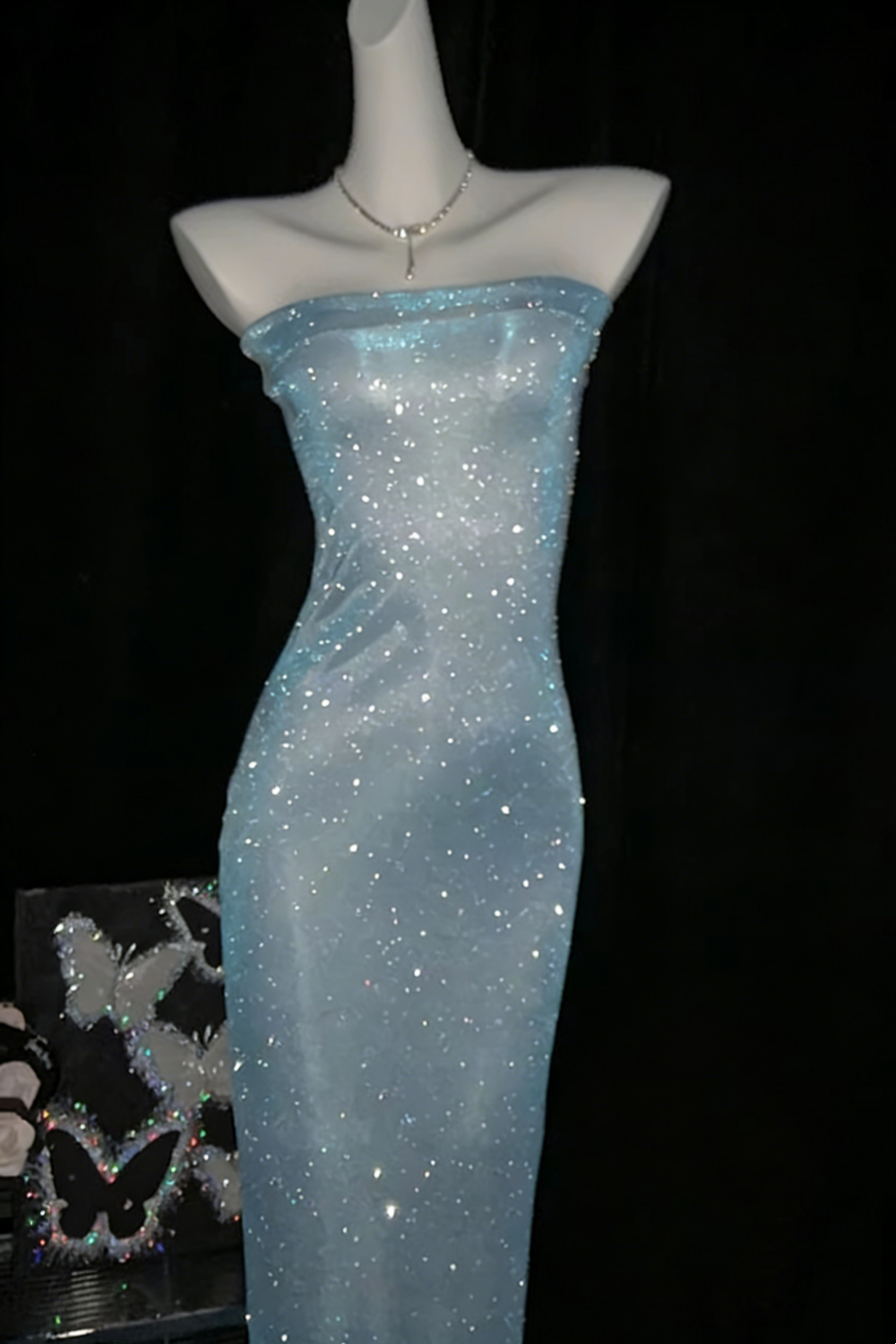 Sexy, Slim-Fit, and Elegant Strapless Dress Shimmering Blue Glitter Evening Gown Party Attire FD022