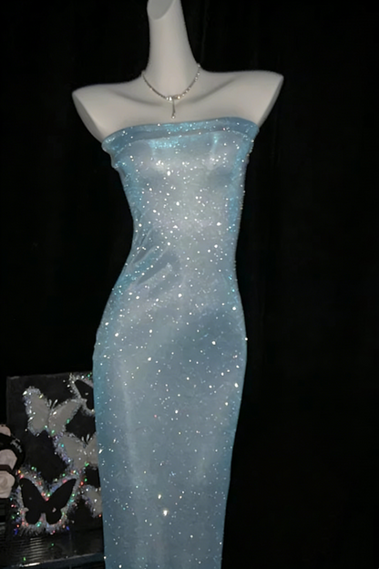 Sexy, Slim-Fit, and Elegant Strapless Dress Shimmering Blue Glitter Evening Gown Party Attire FD022