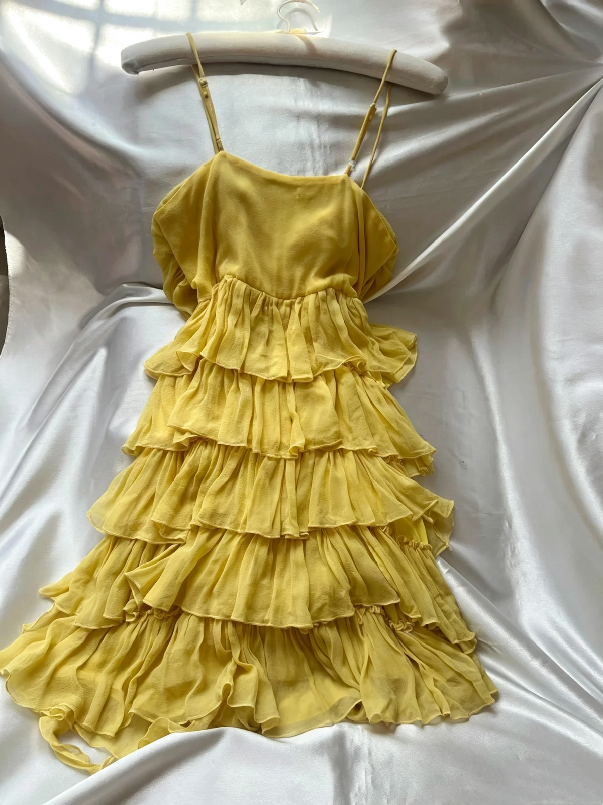 Yellow Spaghetti Strap Bow Tiered Chiffon Mini Dress F0261