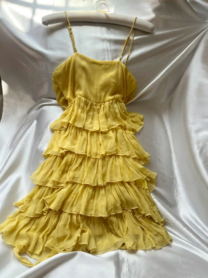 Yellow Spaghetti Strap Bow Tiered Chiffon Mini Dress F0261