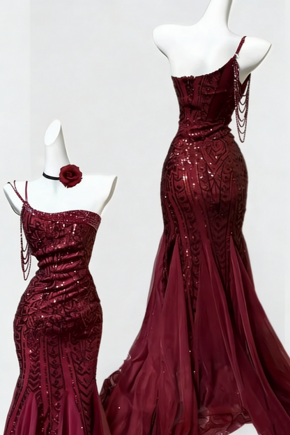 Burgundy Sequin One Shoulder Mermaid Prom Dress, Chain Detail Tulle Train Formal Gown FD018