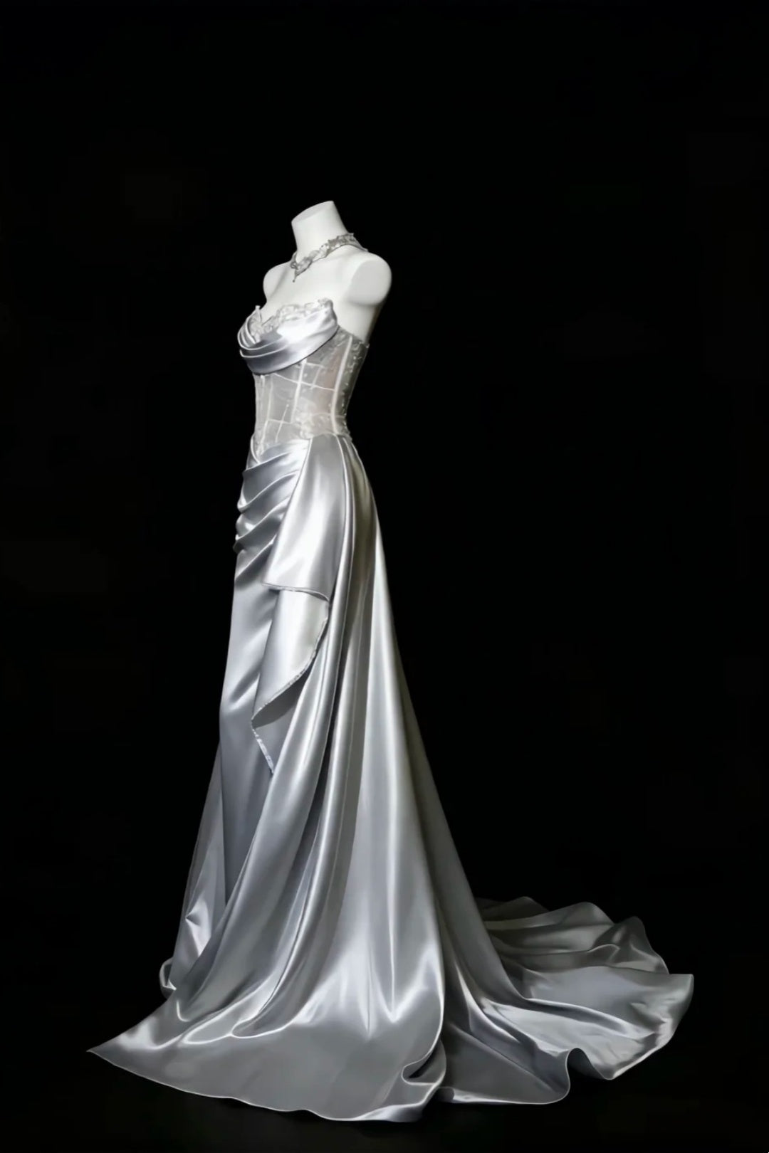 Strapless Satin Corset Mermaid Evening Dress Draped Long Train Gown F0101