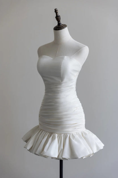 White Satin Strapless Mini Wedding Dress, Ruched Ruffle Hem Homecoming Dress F0057