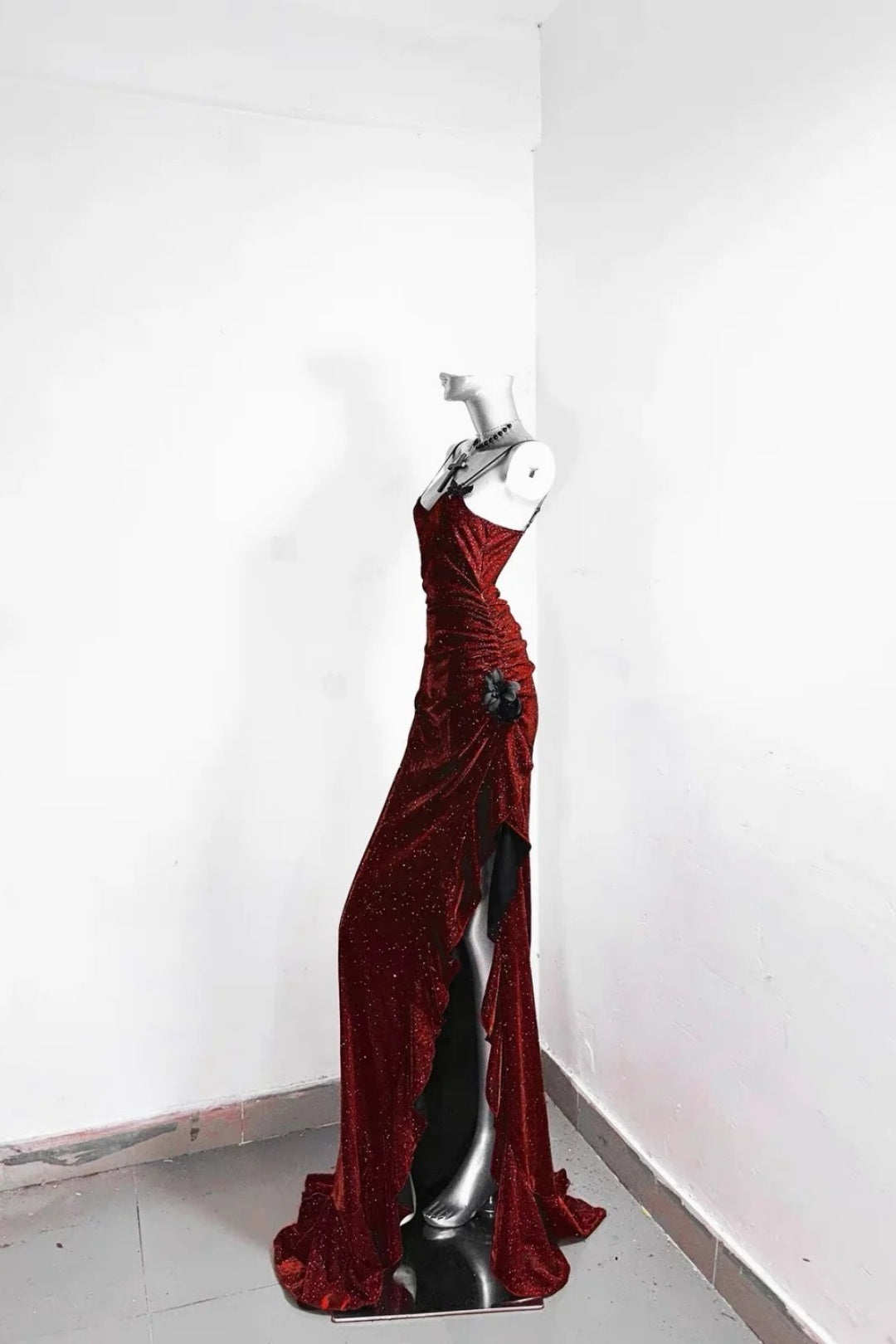 Burgundy Glitter Spaghetti Strap Mermaid Long Prom Dress F0280