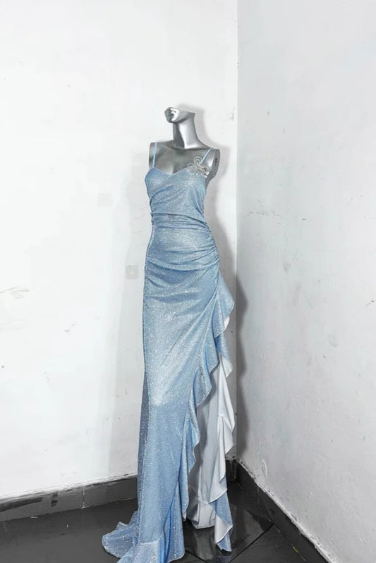 Light Blue Glitter Spaghetti Strap Mermaid Long Prom Dress F0281