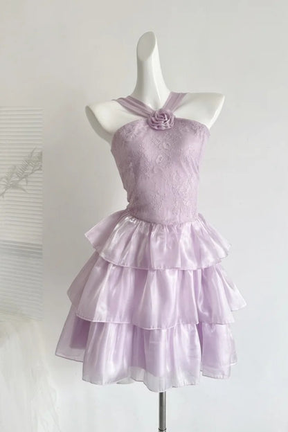 Lavender Halter Lace Tiered Mini Party Dress 3D Flower Cocktail Gown F0208