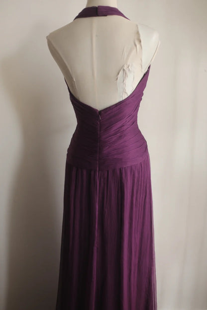 **Evening Dress** Dark Purple Halter V‑Neck Chiffon Long Formal Party Gown F0068