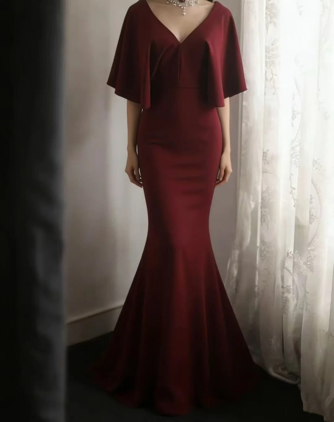 Red Satin Mermaid Evening Dress V-Back Flounce Sleeve Formal Gown F0173