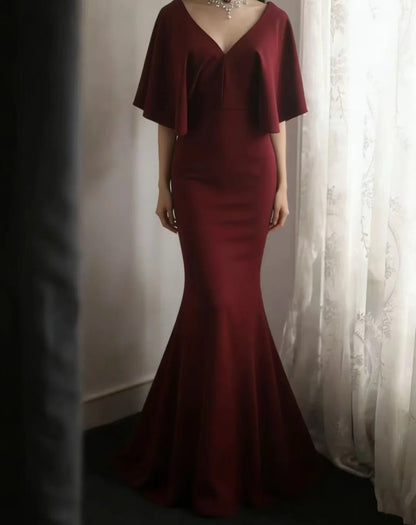 Red Satin Mermaid Evening Dress V-Back Flounce Sleeve Formal Gown F0173