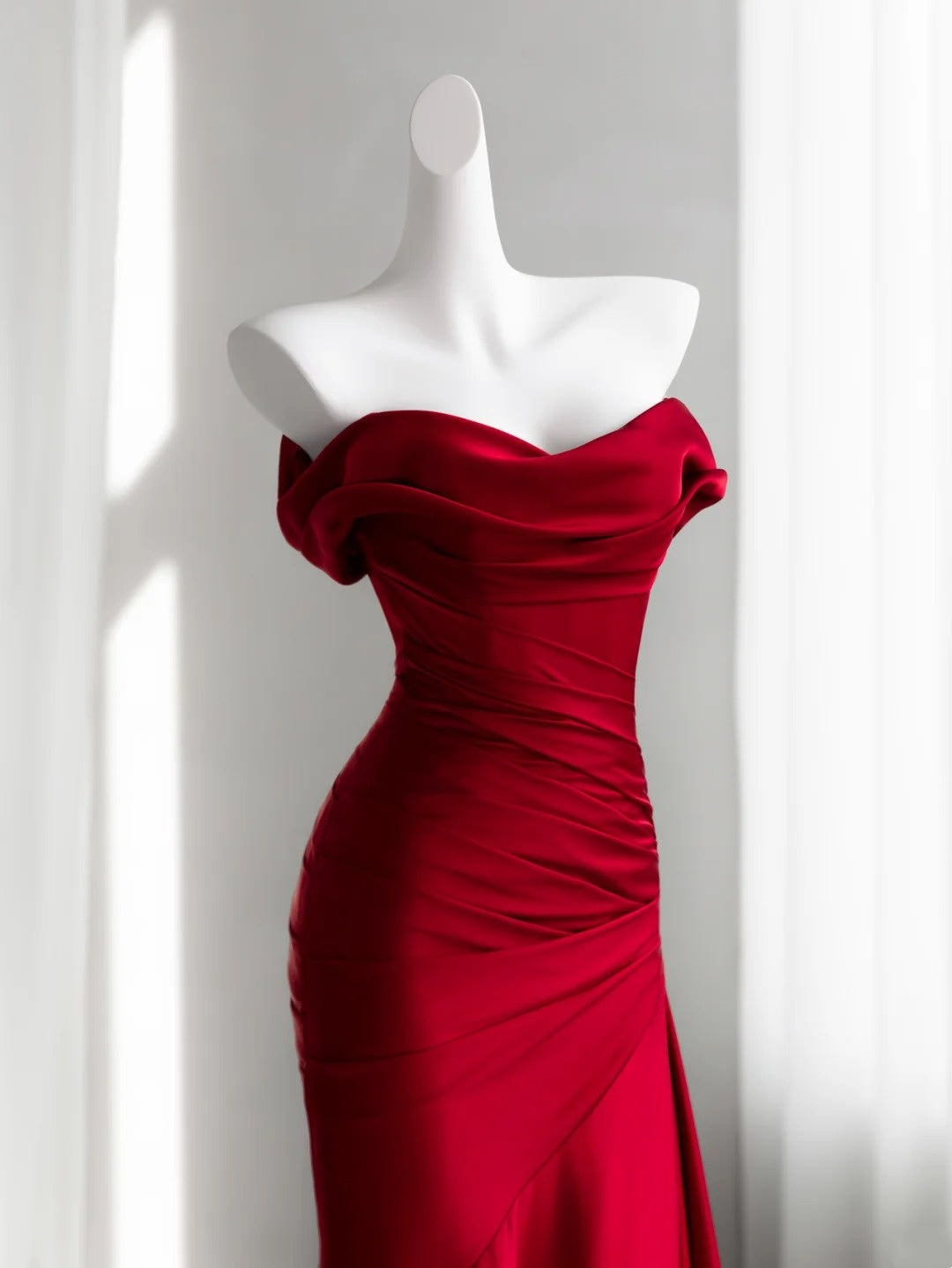 Red Satin Off The Shoulder Mermaid Evening Dress Formal Gown F0175