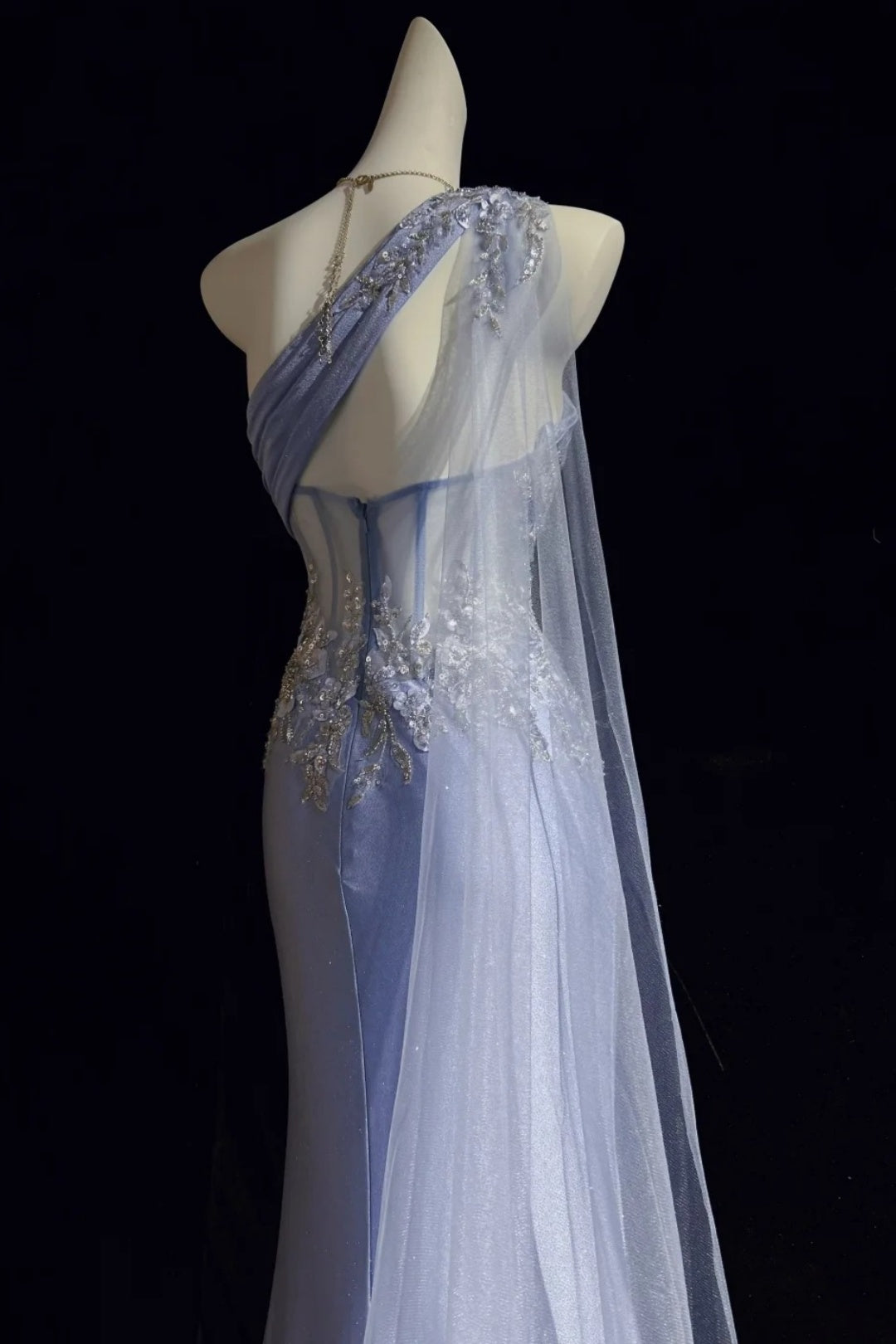 One‑Shoulder Corset Mermaid Gown With Appliqué Tulle Cape F0083