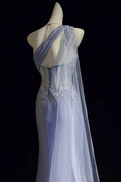 One‑Shoulder Corset Mermaid Gown With Appliqué Tulle Cape F0083