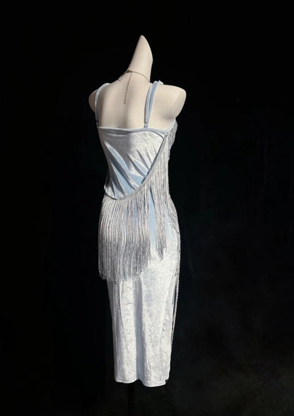 Beaded Fringe Midi Dress Spaghetti Strap Formal Gown F0202