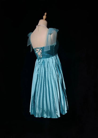 Bow Strap Short Pleated Metallic Cocktail Dress F0195