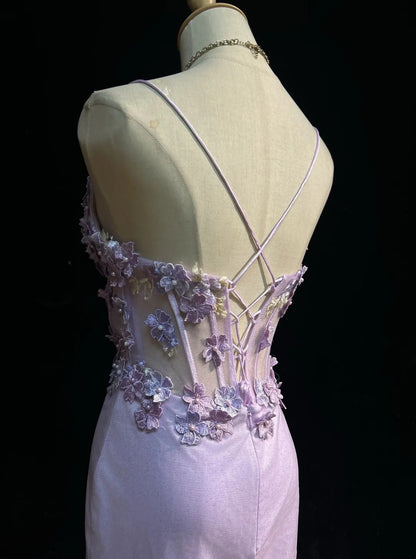 Lavender 3D Floral Spaghetti Strap Corset Mini Dress Party Gown F0203