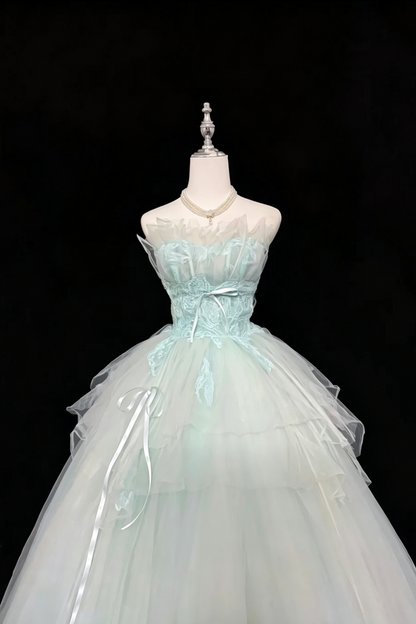 Strapless Lace Tulle Ball Gown With Satin Bow Ribbons F0080