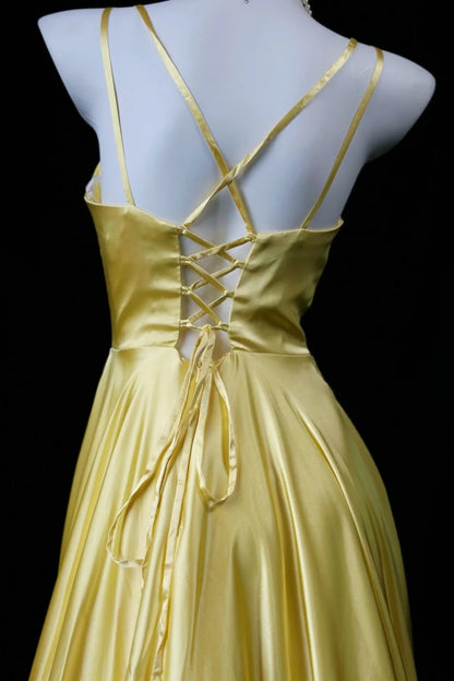 Satin A‑Line Prom Gown V‑Neck Criss‑Cross Lace‑Up Back Formal Party Dress F0088