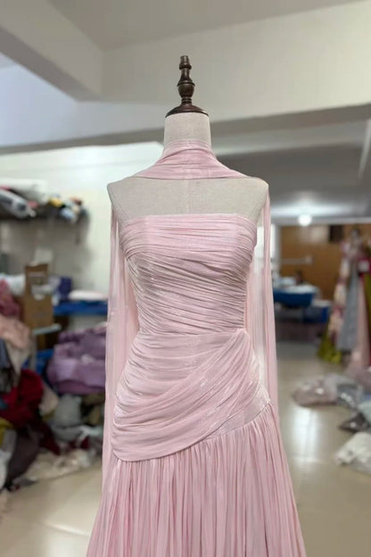 Dusty Pink Shimmer Chiffon Prom Gown Halter Cape Sleeve Lace‑Up Back Long Evening Dress F0027