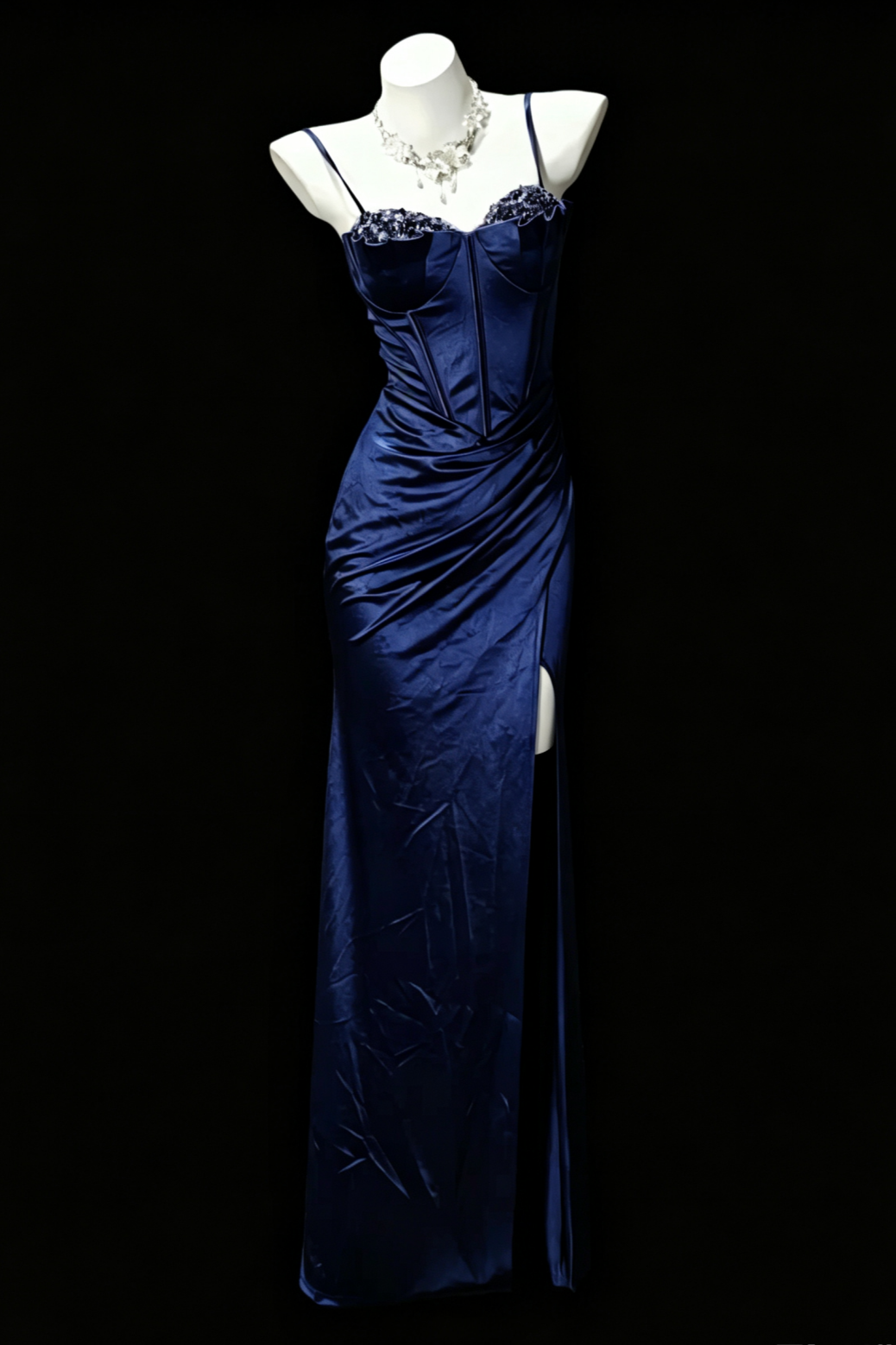 Navy Satin Corset Mermaid Slit Evening Dress Beaded Bust F0197