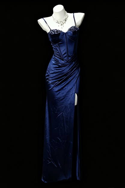 Navy Satin Corset Mermaid Slit Evening Dress Beaded Bust F0197