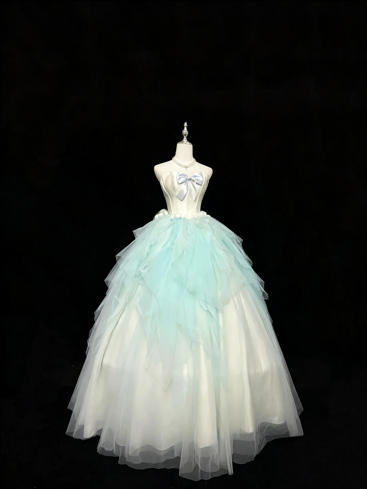 Blue White Ombre Strapless Tulle Ball Gown Satin Bow Prom Dress F0258