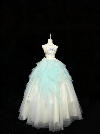 Blue White Ombre Strapless Tulle Ball Gown Satin Bow Prom Dress F0258