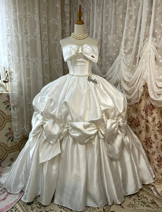 White Strapless Bow Satin Ballgown Wedding Dress F0268