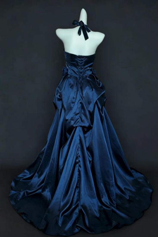 Navy Blue Satin Halter Ball Gown  Prom Dresses Evening Dresses Formal Dresses Graduation Dress  Floral030