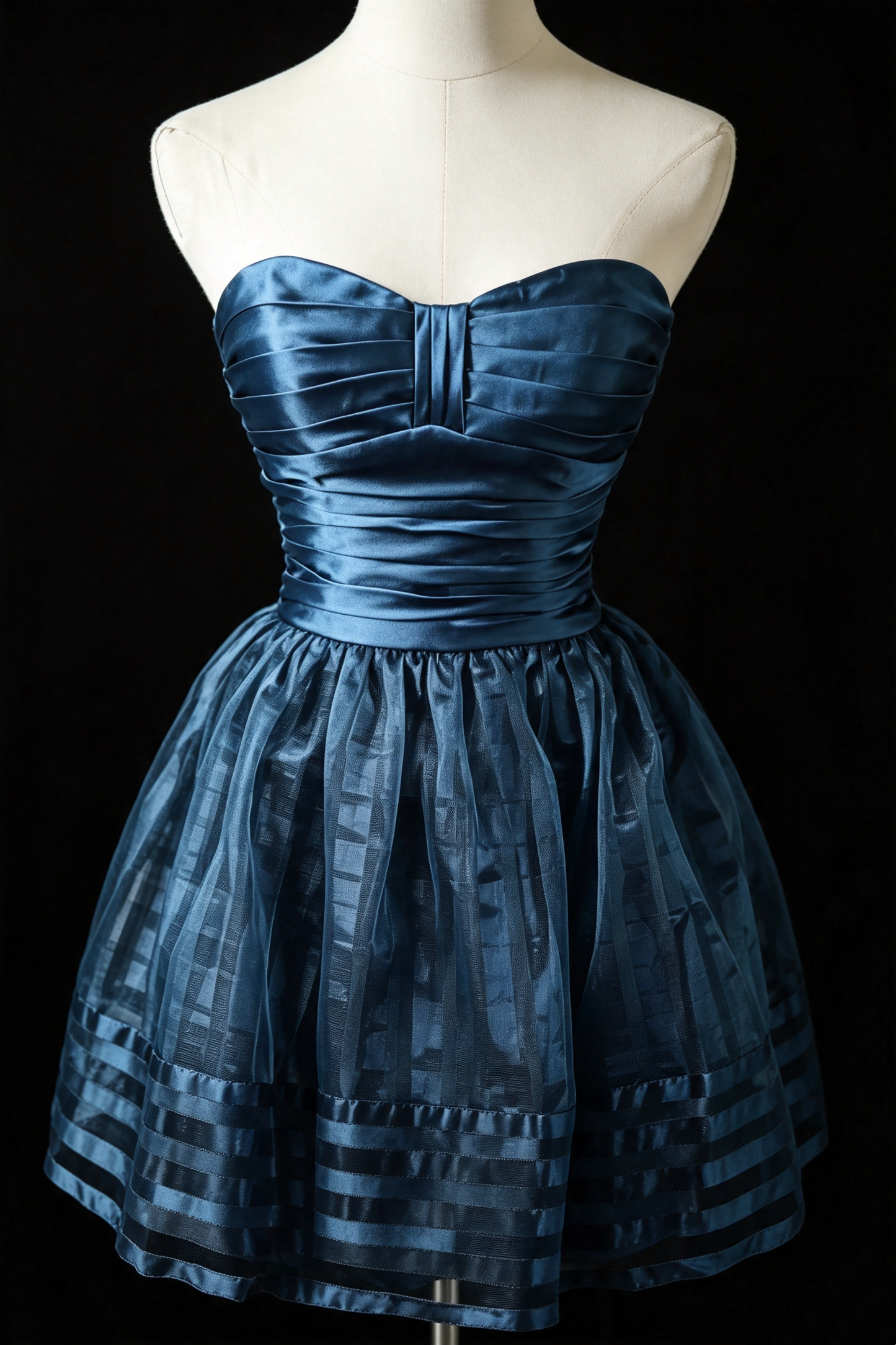 Navy Blue Satin Strapless Homecoming Dress Pleated Short Cocktail Party Gown F0017