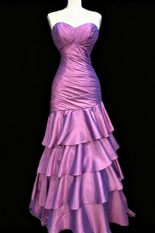 Lavender Satin Strapless Mermaid Gown Sweetheart Neckline Ruched Bodice Lace-Up Back Tiered Ruffle Skirt For Wedding Evening Prom  Floral035