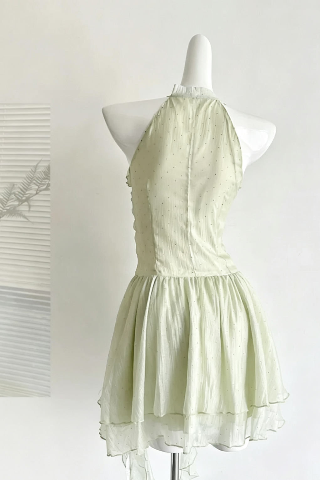 Light Green Halter Floral Rose Ruffle Mini Dress Sparkly Party Gown F0211