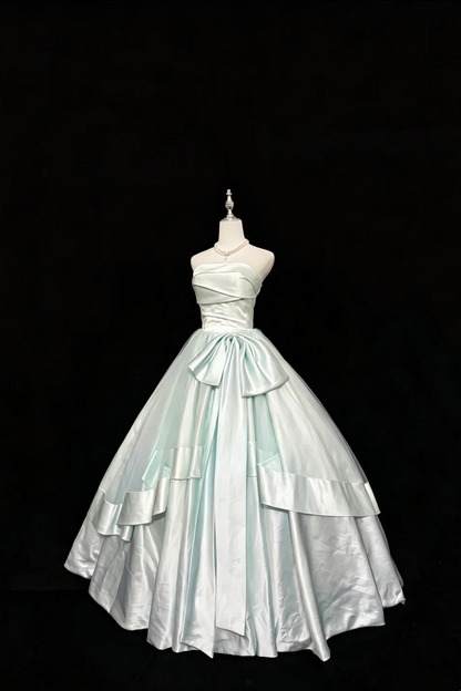 Strapless Satin A‑Line Prom Dress Large Side Bow Formal Evening Gown F0162