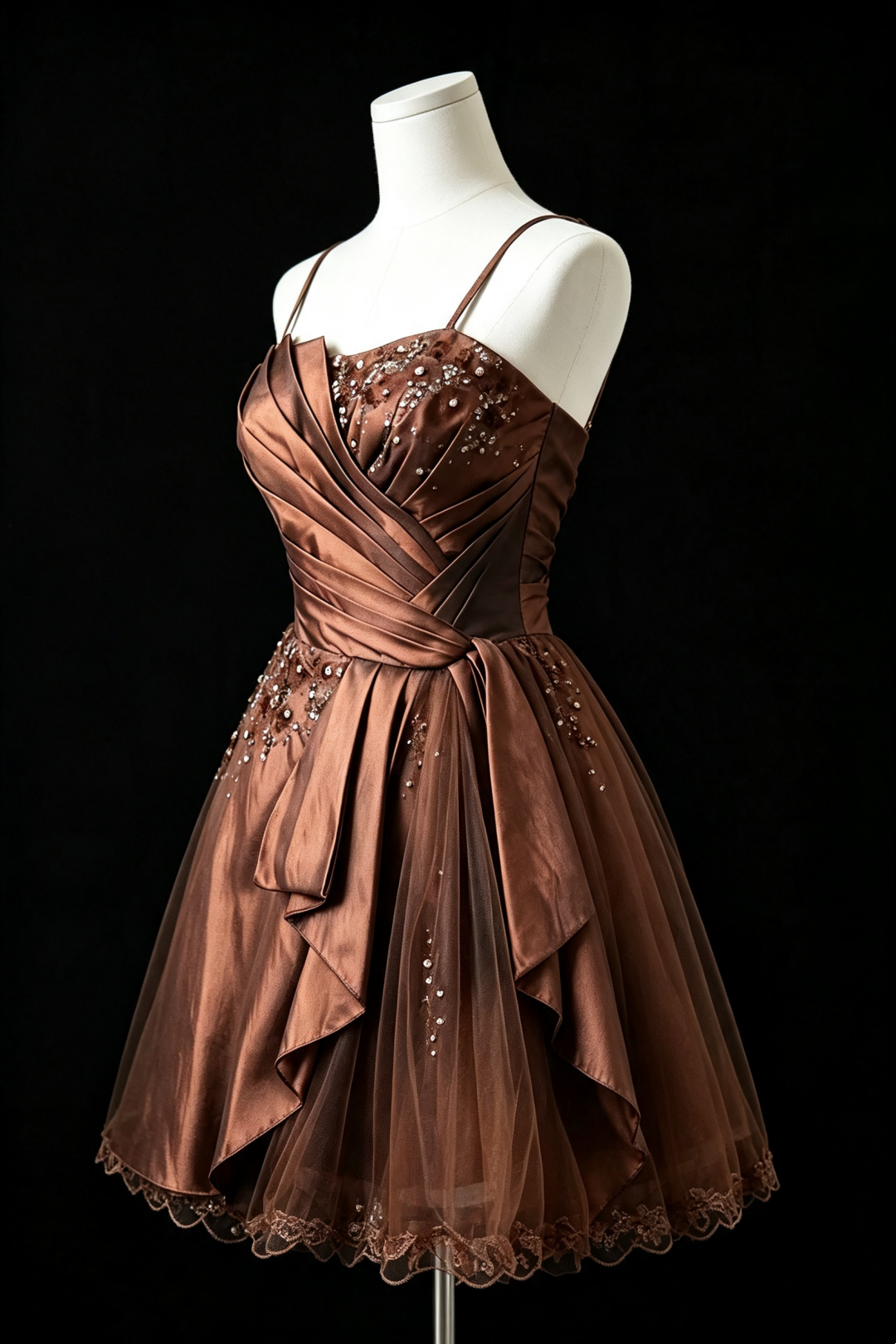 Brown Satin Spaghetti Strap Homecoming Dress Beaded Lace Short Cocktail Gown With Sash Bow F0015