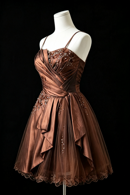 Brown Satin Spaghetti Strap Homecoming Dress Beaded Lace Short Cocktail Gown With Sash Bow F0015