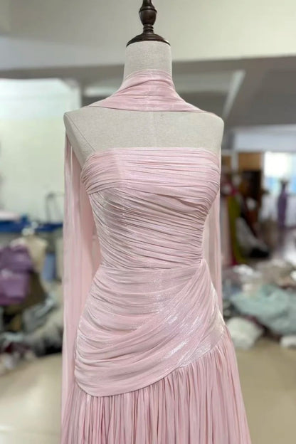 Dusty Pink Shimmer Chiffon Prom Gown Halter Cape Sleeve Lace‑Up Back Long Evening Dress F0027