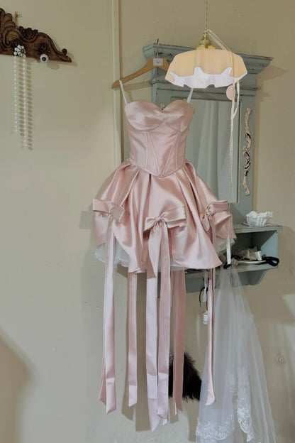 Sweetheart Satin Short Prom Dress, Multi Bow Tassel Homecoming Dress  F0054