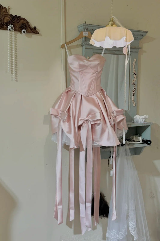 Sweetheart Satin Short Prom Dress, Multi Bow Tassel Homecoming Dress  F0054