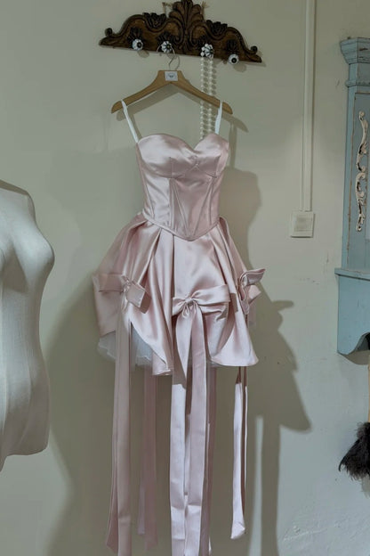Sweetheart Satin Short Prom Dress, Multi Bow Tassel Homecoming Dress  F0054